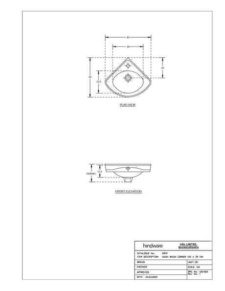 WASH BASIN CORNER - HINDWARE -  ( STAR WHITE - CORNER - 450x400 mm - 18inchX16inch )