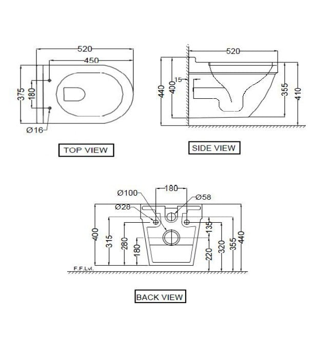 RIMLESS W/H WC W/UF/S.S/C W/BLIND INST.( BOLT DISTANCE 7INCH) - JAQUAR SWARE -  ( 375x520x360 mm -14.8×20.5 ×14.2 inches )