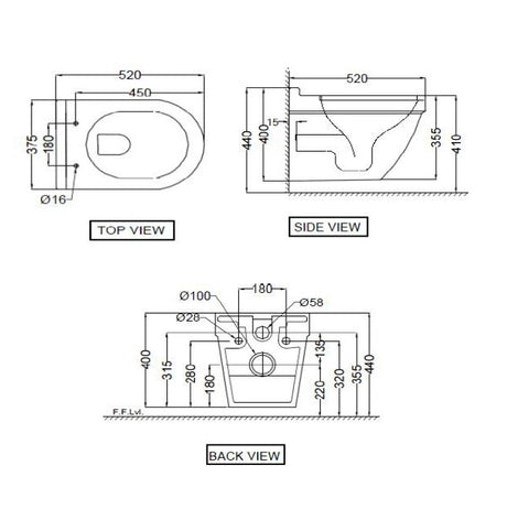 RIMLESS W/H WC W/UF/S.S/C W/BLIND INST.( BOLT DISTANCE 7INCH) - JAQUAR SWARE -  ( 375x520x360 mm -14.8×20.5 ×14.2 inches )
