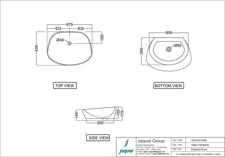 WASH BASIN COUNTER TOP - JAQUAR SWARE -  ( WHITE - ARC - 575x430 mm - 23inchX17inch )