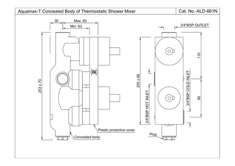 AQUAMAX CONCEALED BODY OF THERMOSTATIC SHOWER MIXER WITH 1-WAY DIVERTER W/O EXPOSED PARTS & SLEEVE - JAQUAR FAUCETS -  ( CHROME - ALLIED - 0x20 mm - 0inchX0.75inch )