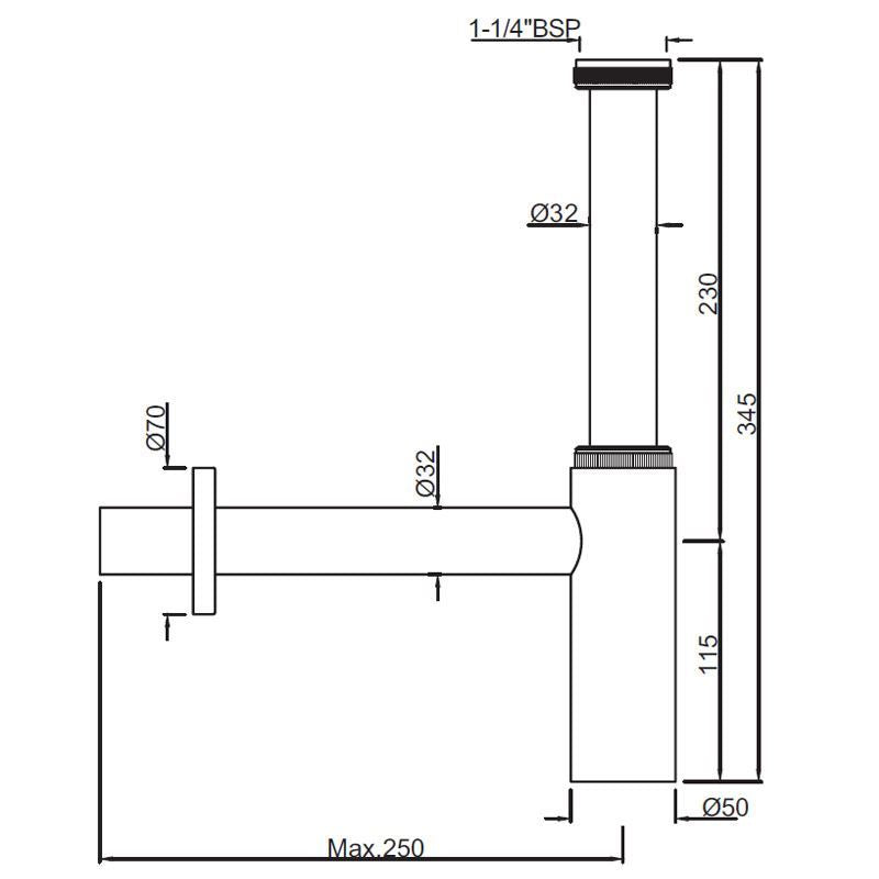 BOTTLE TRAP WITH 10 & 7.5 INCH PIPE - JAQUAR FAUCETS -  ( CHROME - ALLIED - 0x32 mm - 0inchX1.25inch )