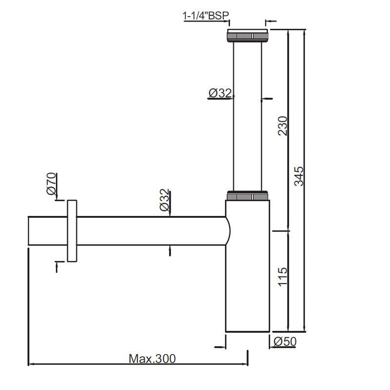 BOTTLE TRAP(W/INTERNAL PARTITION)32MM W/WALL FLANGE - JAQUAR FAUCETS -  ( GOLD MATT PVD - ALLIED - 300x32 mm - 12inchX1.25inch )