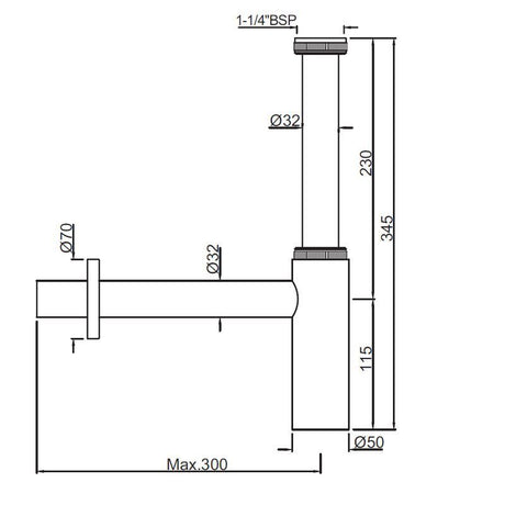 BOTTLE TRAP(W/INTERNAL PARTITION)32MM W/WALL FLANGE - JAQUAR FAUCETS -  ( GOLD MATT PVD - ALLIED - 300x32 mm - 12inchX1.25inch )