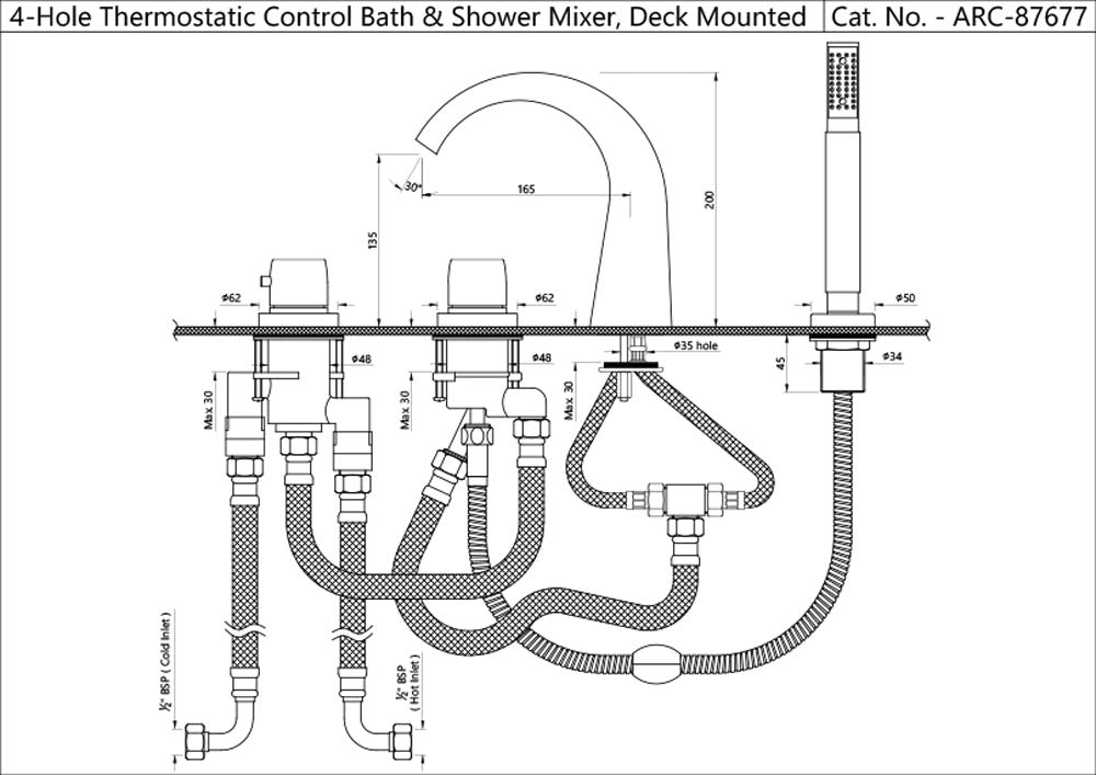4-HOLE THERMOSTATIC BATH & SHOWER MIXER,DECK MOUNTED - JAQUAR FAUCETS -  ( CHROME - ARC - 0x15 mm - 0inchX0.6inch )