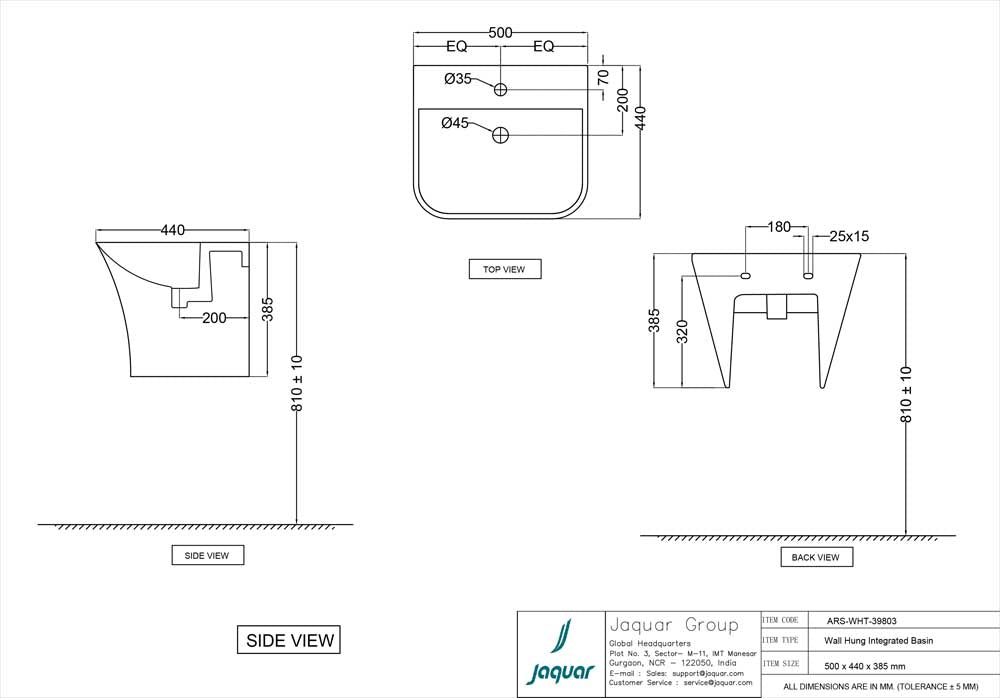 WALL HUNG W/BASIN W/INTEGRATE PED. - JAQUAR SWARE -  ( WHITE - ARIA -500x440x385 mm -20x18x15 inch)