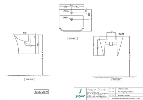 WALL HUNG W/BASIN W/INTEGRATE PED. - JAQUAR SWARE -  ( WHITE - ARIA -500x440x385 mm -20x18x15 inch)