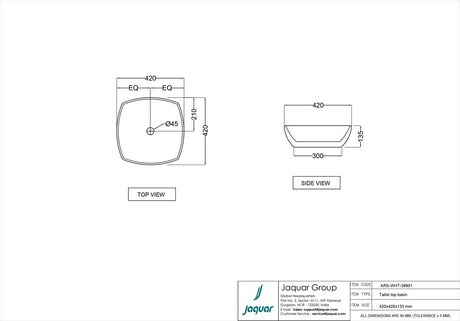 TABLE TOP BASIN - JAQUAR SWARE - JAQUAR SWARE -  ( WHITE - ARIA - 420x420 mm - 17inchX17inch )