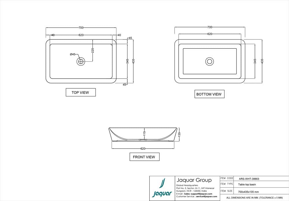 TABLE TOP BASIN - JAQUAR SWARE -  ( WHITE - ARIA - 700x435 mm - 28inchX17inch )