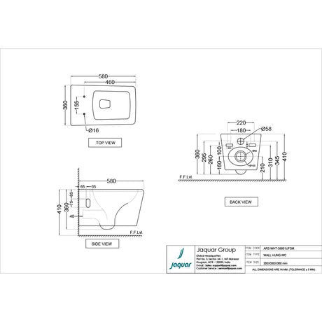 WALL HUNG WC W/SOFT CLOSE S.COVER ( BOLT DISTANCE 9) - JAQUAR SWARE - (360x580x360 mm - 14x23x14inch)