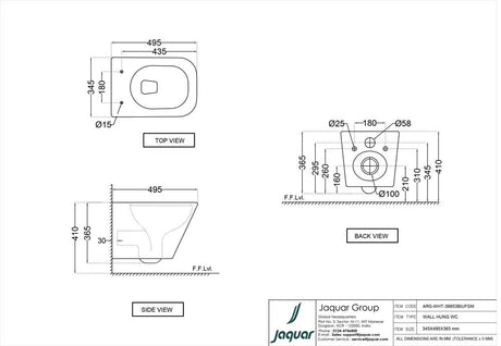 RIMLESS W/HUNG WC W/UF/S.CLOSE S/C ( BOLT DISTANCE 7INCH) - JAQUAR SWARE -  (345x495x365mm - 13.8X19.8X14.6Inch )