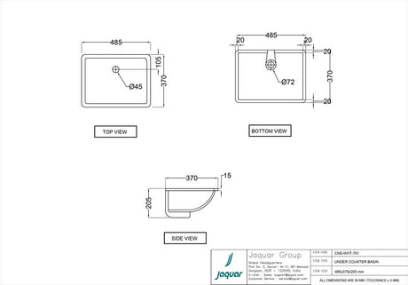 WASH BASIN UNDER COUNTER - JAQUAR SWARE -  ( WHITE - CONTINENTAL - 485x370 mm - 19.4inchX14.8inch )