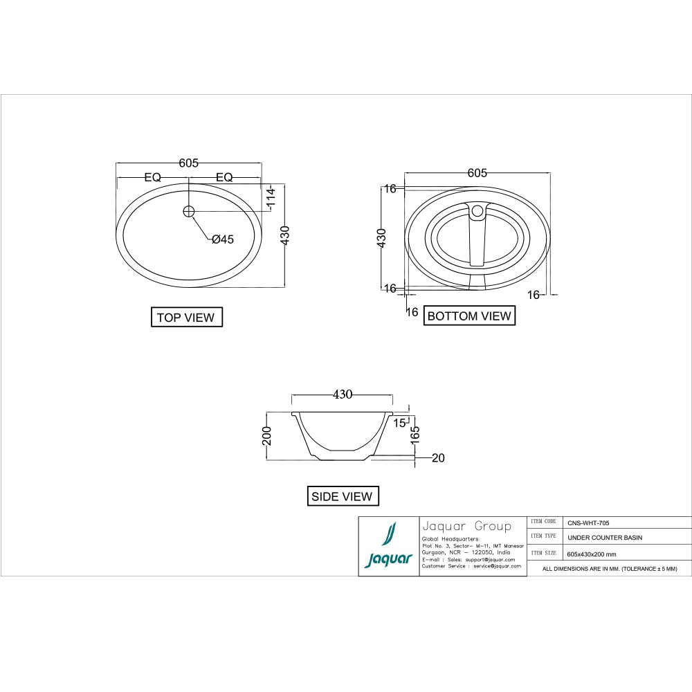 WASH BASIN UNDER COUNTER - JAQUAR SWARE -  ( WHITE - CONTINENTAL - 605x430 mm - 24.2inchX17.2inch )