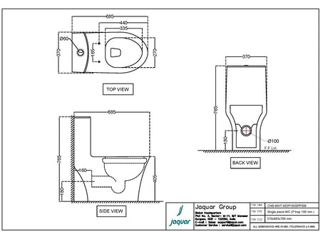 RIMLESS SINGLE PIECE EWC P-TRAP 180MM WITH PP SOFT CLOSE SLIM SEAT COVER W/FIXING ACCESSORIES - JAQUAR SWARE -  ( WHITE - CONTINENTAL - 370x665x750 mm - 14.8inchX26.6inchX30inch )