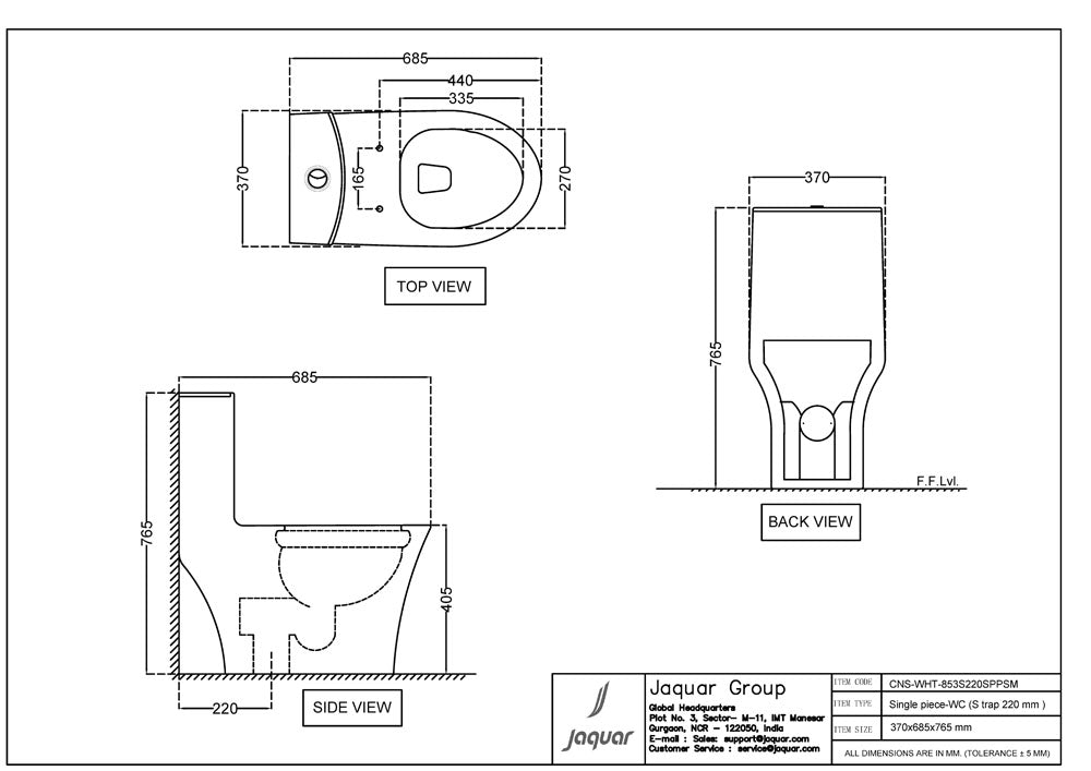 RIMLESS SINGLE PIECE WC W/PP SOFT CLOSE SLIM SEAT CVR - JAQUAR SWARE -  ( WHITE - CONTINENTAL - 370×665×750mm - 14.6×26.2×29.5inch )