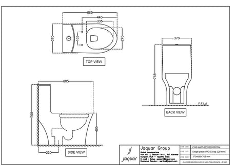 RIMLESS SINGLE PIECE WC W/PP SOFT CLOSE SLIM SEAT CVR - JAQUAR SWARE -  ( WHITE - CONTINENTAL - 370×665×750mm - 14.6×26.2×29.5inch )