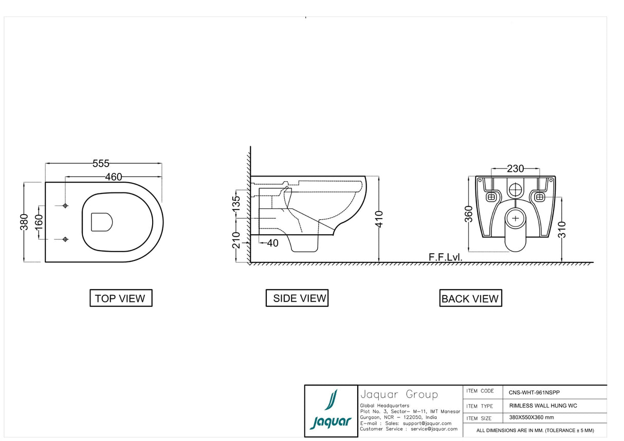 WALL HUNG WC WITH PP SOFT CLOSE SEAT COVER, HINGES, ACCESSORIES SET - JAQUAR SWARE -  ( WHITE - CONTINENTAL - 365x545x360mm - 14x21.5x14inch )