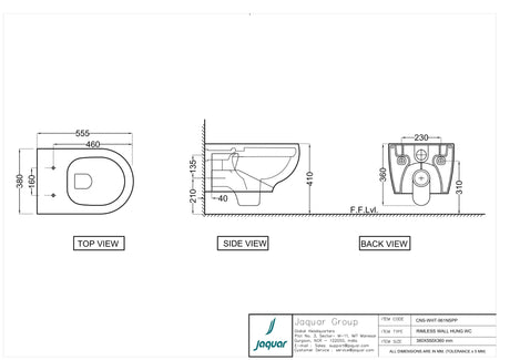 WALL HUNG WC WITH PP SOFT CLOSE SEAT COVER, HINGES, ACCESSORIES SET - JAQUAR SWARE -  ( WHITE - CONTINENTAL - 365x545x360mm - 14x21.5x14inch )