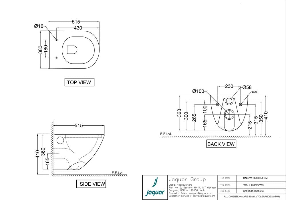 WALL HUNG WC WITH UF S/CVR ( BOLT DISTANCE 9INCH) - JAQUAR SWARE -  ( 380x515x360mm - 15x21x14inch )