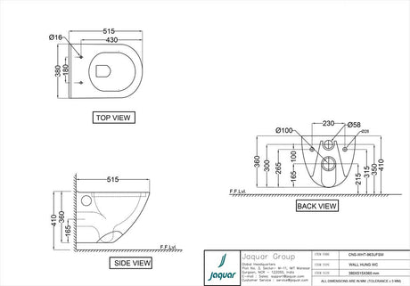 WALL HUNG WC WITH UF S/CVR ( BOLT DISTANCE 9INCH) - JAQUAR SWARE -  ( 380x515x360mm - 15x21x14inch )