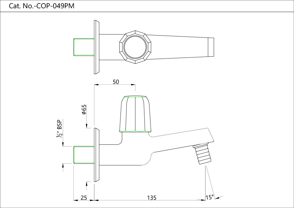 BIB COCK WITH NOZZLE & WALL FLANGE - JAQUAR FAUCETS -  ( CHROME - CONTINENTAL PRIME - 0x15 mm - 0inchX0.5inch )