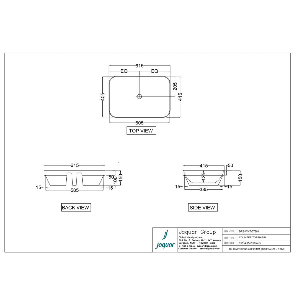 WASH BASIN COUNTER TOP - JAQUAR SWARE -  ( WHITE - D-ARC - 615x415 mm - 24.5inchX16.5inch )