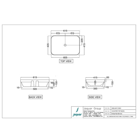WASH BASIN COUNTER TOP - JAQUAR SWARE -  ( WHITE - D-ARC - 615x415 mm - 24.5inchX16.5inch )