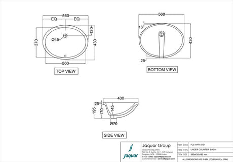 WASH BASIN U/COUNTER - JAQUAR SWARE -  ( WHITE - FLORENTINE - 560x430 mm - 22.4inchX17.2inch )