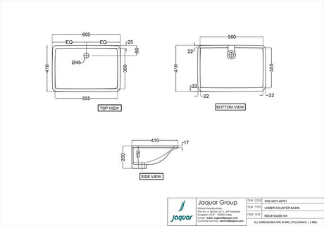 WASH BASIN UNDER COUNTER - JAQUAR SWARE -  ( WHITE - FONTE - 605x410 mm - 24inchX16inch )