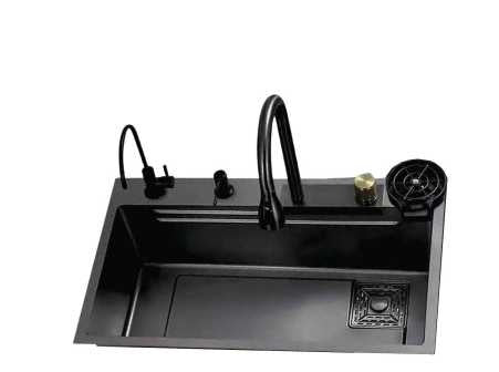 1.0 BOWL MULTIFUNCTION SS KITCHEN SINK WITH PULL OUT MIXER,RO TAP,RINSER,CHOPPING BOARD,DRAIN BASKET,WASTE COUPLING, PLUMBING KIT (DEPTH 9) - FUTURA -  ( BLACK - RAINFALL - 750x450 mm - 30inchX18inch )