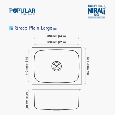 SS SINK 1.0 BOWL W/O DRAIN BOARD (DEPTH 8.5  )GRACE PLAIN LARGE - NIRALI -  ( SATIN - POPULAR SINK RANGE - 610x460 mm - 24inchX18inch )