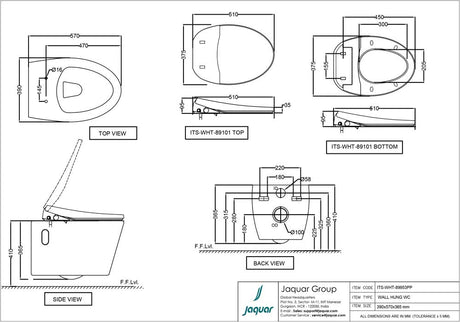 WALL HUNG WC RIMLESS W/SC.S/COVER&FIXKIT ( BOLT DISTANCE 7INCHOR 9INCH) - JAQUAR SWARE-(390x570x365mm-15.5x22.5x14.5inch )