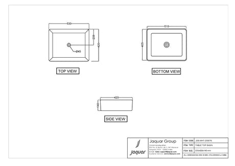 TABLE TOP BASIN - JAQUAR SWARE -  ( WHITE - JDS - 530x420 mm - 21inchX17inch )