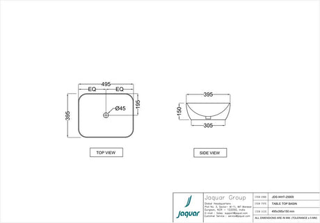 TABLE TOP BASIN - JAQUAR SWARE - (WHITE - JDR - 495x395 mm - 19.8inchX15.8inch)