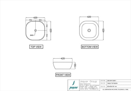 TABLE TOP BASIN - JAQUAR SWARE -  ( WHITE - JDR - 420x420 mm - 17inchX17inch )