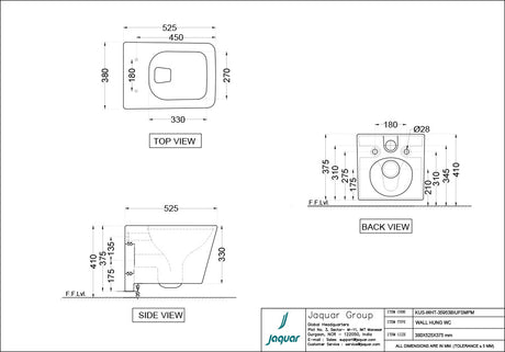 EWC RIMLESS BLIND INSTALLATION WALL HUNG - JAQUAR SWARE -  ( WHITE - KUBIX PRIME - 525x380 mm - 21inchX15.2inch )