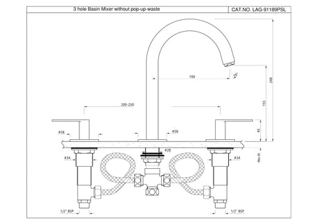 3-HOLE BASIN MIXER WITH PIPE SPOUT - JAQUAR FAUCETS -  ( BLACK MATT - LAGUNA - 0x15 mm - 0inchX0.5inch )
