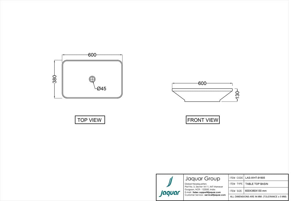 COUNTER TOP BASIN  - JAQUAR SWARE -  ( WHITE - LAGUNA - 600x380 mm - 24inchX15.2inch )