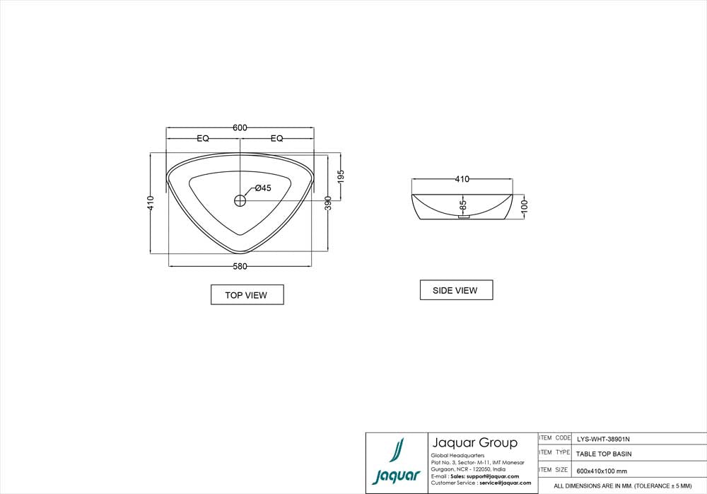 TABLE TOP BASIN - JAQUAR SWARE -  ( WHITE - LYRIC - 600x410 mm - 24inchX16.5inch )