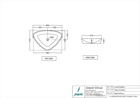 TABLE TOP BASIN - JAQUAR SWARE -  ( WHITE - LYRIC - 600x410 mm - 24inchX16.5inch )