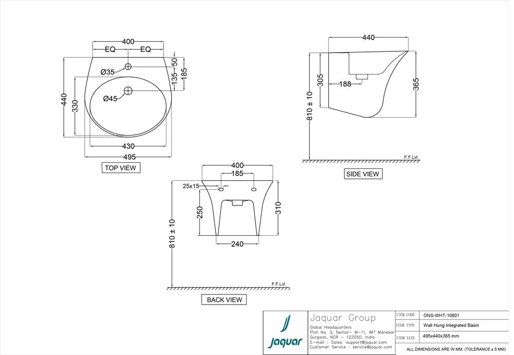 WALL HUNG INTEGRATED BASIN - JAQUAR SWARE -  ( WHITE - ORNAMIX - 495×440×365 mm- 19.8×17.6×14.6 inches)