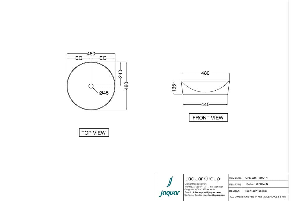 TABLE TOP BASIN - JAQUAR SWARE -  ( WHITE - OPAL - 480x480 mm - 19inchX19inch )