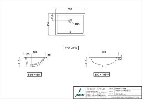 UNDER COUNTER BASIN WITH FIXING ACCESSOR - JAQUAR SWARE -  ( WHITE -  -590x430x215mm - 23.6inchx17.2inch )