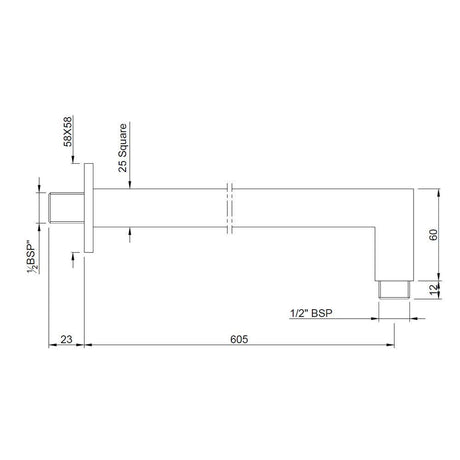 SHOWER ARM SQUARE W/FLANGE - JAQUAR FAUCETS -  ( CHROME - SHOWER ACC. - 15x600 mm - 0.5inchX24inch )