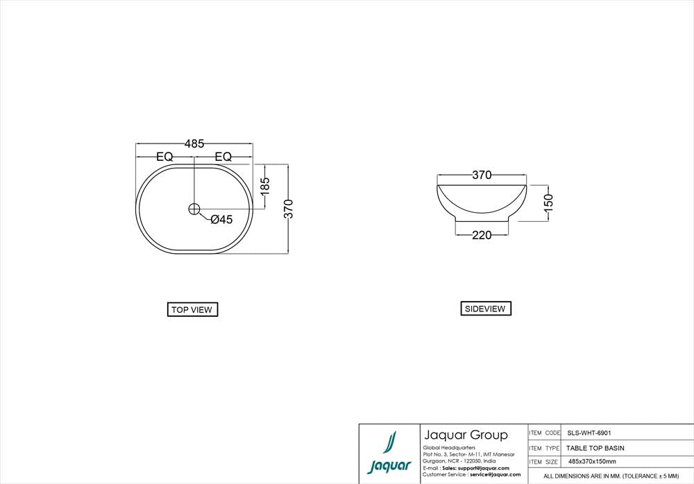 TABLE TOP BASIN - JAQUAR SWARE -  ( WHITE - SOLO - 485x379 mm - 19.5inchX15inch )