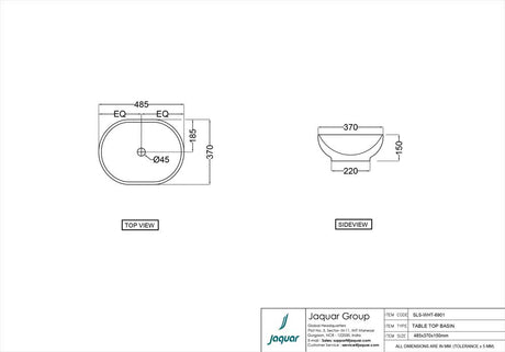 TABLE TOP BASIN - JAQUAR SWARE -  ( WHITE - SOLO - 485x379 mm - 19.5inchX15inch )