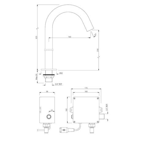 BLUSH TALL BOY D/M FAUCET (BATTERY OP) - JAQUAR FAUCETS -  ( ANTIQUE COPPER - SENSOR - 0x15 mm - 0inchX0.5inch )