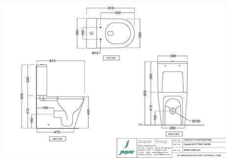 RIMLESS BOWL W/CISTERN FOR COUPLED WC P TRAP-180 W/UF SOFT CLOSE SLIM SC - JAQUAR SWARE -  ( WHITE - VIGNETTE - 610x380 mm - 15.2inchX24.4inch )