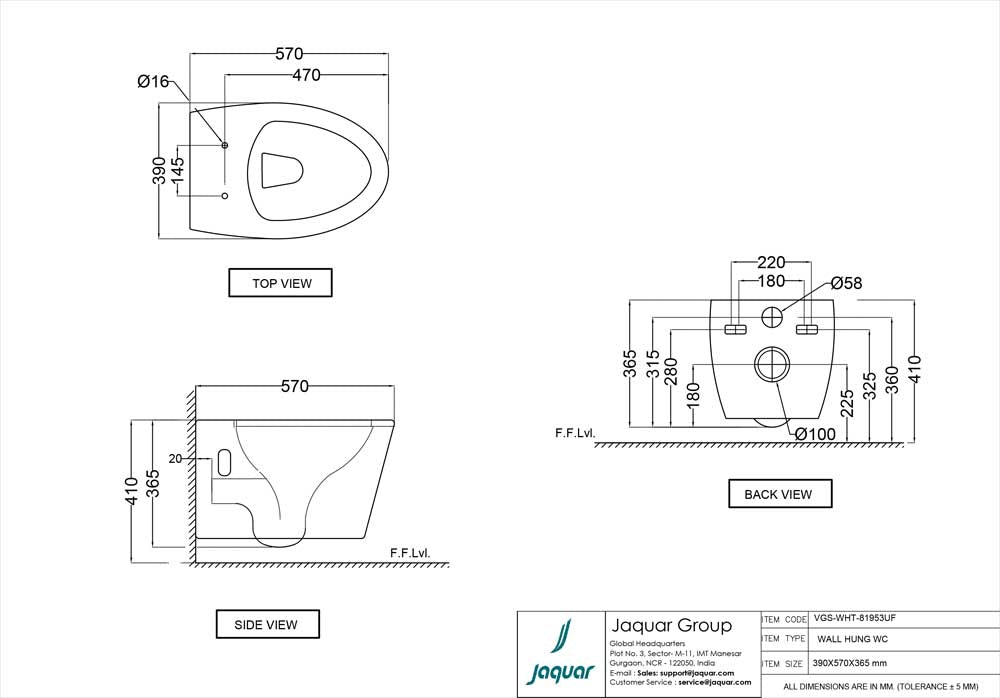 WALL HUNG WC RIMLESS W/SEAT COVER ( BOLT DISTANCE 7) - JAQUAR SWARE-(380x520x375 mm- 15x20.5x14.75inch)