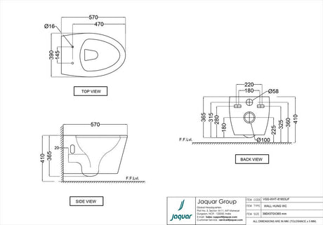 WALL HUNG WC RIMLESS W/SEAT COVER ( BOLT DISTANCE 7) - JAQUAR SWARE-(380x520x375 mm- 15x20.5x14.75inch)